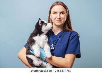 Veterinarian Holding Husky Puppy on Blue Background - Powered by Shutterstock