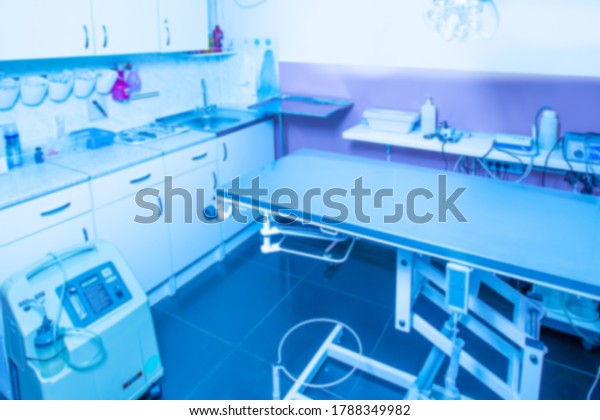 Veterinary office. Blurred veterinary background.\
Equipment in the office of a veterinarian. Clinic of the\
veterinarian. Cabinet for medical assistance to animals. Couch for\
viewing animals