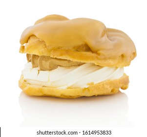 Veternik - traditional slovak cake isolated on white background with clipping path. Sweet caramel beige dessert with caramel cap. With vector path. Studio shot. Closeup shot. 