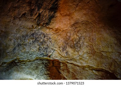Vezere Valley, Dordogne, France - June 22, 2018, Images of animals, wall painting in the Lascaux Cave, UNESCO World Heritage List, 1979, Vezere Valley, France