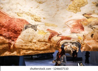Vezere Valley, France - April 22, 2017 Images of animals, wall painting in the Lascaux Cave (UNESCO World Heritage List, 1979), Vezere Valley, France. 