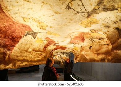 Vezere Valley, France - April 22, 2017 : Images of animals, wall painting in the Lascaux Cave (UNESCO World Heritage List, 1979), Vezere Valley, France. 
