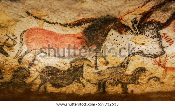 Vezere Valley, France - April 22, 2017 Images of animals, wall painting in the Lascaux Cave (UNESCO World Heritage List, 1979), Vezere Valley, France. 