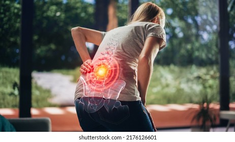 VFX Back Pain Augmented Reality Render. Close Up of a Female Experiencing Discomfort in a Result of Spine Trauma or Arthritis. Massaging and Stretching the Back to Ease the Injury. - Powered by Shutterstock