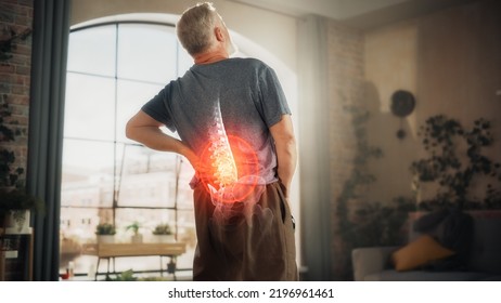 VFX Back Pain Augmented Reality Animation. Close Up of a Senior Male Experiencing Discomfort in a Result of Spine Trauma or Arthritis. Man Massaging and Stretching the Back to Ease the Injury. - Shutterstock ID 2196961461