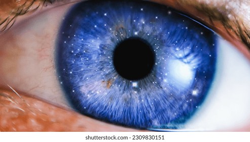 VFX Esoteric Concept: Extreme Close-Up Of Eye With Edit Of Beautiful Universe in Outerspace With Planets, Stars. Visualization Of Human Nature Complexity. Inner Beauty And Spirituality.