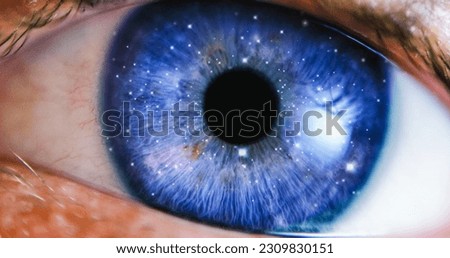 VFX Esoteric Concept: Extreme Close-Up Of Eye With Edit Of Beautiful Universe in Outerspace With Planets, Stars. Visualization Of Human Nature Complexity. Inner Beauty And Spirituality.