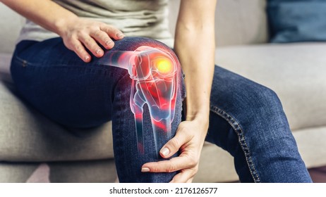 VFX Joint and Knee Pain Augmented Reality Render. Close Up of a Person Experiencing Discomfort in a Result of Leg Trauma or Arthritis. Massaging the Muscles to Ease the Injury. - Shutterstock ID 2176126577