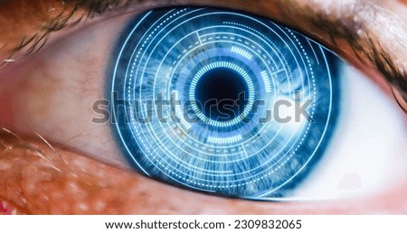 VFX Visualization: Macro Shot of Advanced Augmented Reality Technology Activated Inside Human Eye. Round Blue Interface Projection Improving Performance of Iris And Pupil. Futuristic Concept.