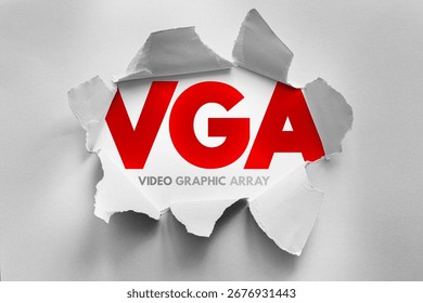 VGA (Video Graphic Array) acronym revealed through torn paper, symbolizing computer graphics, display technology, screen resolution, analog video, visual output, connectors, and PC hardware