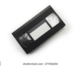 VHS Video Cassette Tape Isolated On White. Top View With Blank Label.