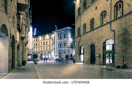 Via De Tornabuoni And The Piazza Santa Trinita In Florence, Italy At Night