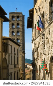 Via dei pileati and st. maria della pieve's belltower, arezzo, tuscany, italy, europe