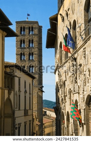 Via dei pileati and st. maria della pieve's belltower, arezzo, tuscany, italy, europe