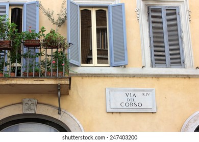 Via Del Corso, Street Plate On A Wall Of Old House In Rome, Via Del Corso, Main Shopping Street Of Rome, Italy