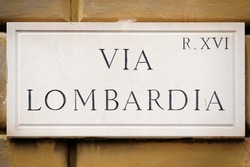 Via Lombardia Street Sign On The Wall In Rome, Italy