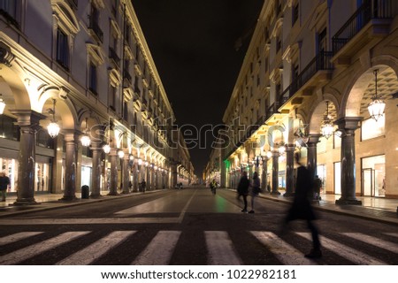 Via Roma at night time. Turin, Italy.
