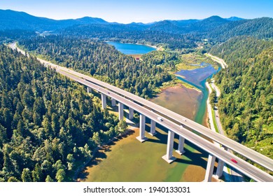 Viaduct Bajer above Bajer lake aerial view, Scenic highway A6 in Gorski Kotar region of Croatia, - Powered by Shutterstock