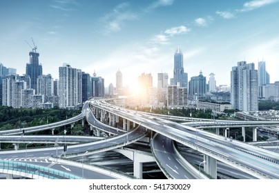 The Viaduct Traffic Hub And Modern Architecture, Shanghai, China.