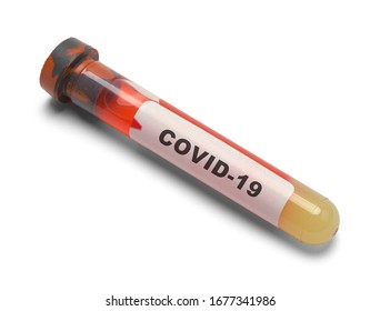 Vial Of Blood With COVID-19 On Label Isolated On White Background.