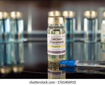 Vial of Calcium Gluconate on a stainless steel background