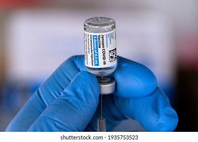 A Vial Of The New One-shot Johnson And Johnson COVID-19 Vaccine Is Seen At A Vaccination Site In Covina, California, On March 13, 2021. 