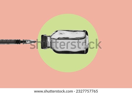 a vial with a syringe stuck in its stopper in black and white on a pink background with a yellow circle