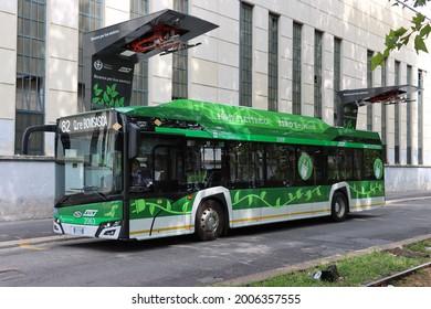 Viale Zara - Milan - Italy - July 12, 2021. Electric Bus Charging Station In Milan. The Newly Installed Charging Station For The Buses Of The Local Transport Company (ATM).