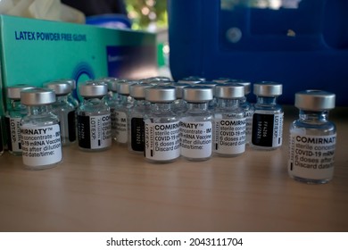 Vials Of Comirnaty Vaccine From Pfizer-BioNTech. According To FDA This Vaccine Intended For Age 16 Years Old And Above, And 12 - 15  Years For Emergency Use. Tangerang, September 2021.