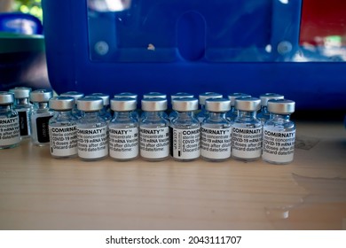 Vials Of Comirnaty Vaccine From Pfizer-BioNTech. According To FDA This Vaccine Intended For Age 16 Years Old And Above, And 12 - 15  Years For Emergency Use. Tangerang, September 2021.