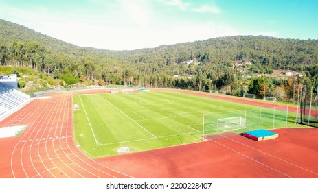 Viana Do Castelo, Portugal, December 18, 2021: Aerial View Of The Manuela Machado Municipal Stadium. Consisting Of A Stadium Football Field With Synthetic Turf And An Athletics Track With Ten Tracks.