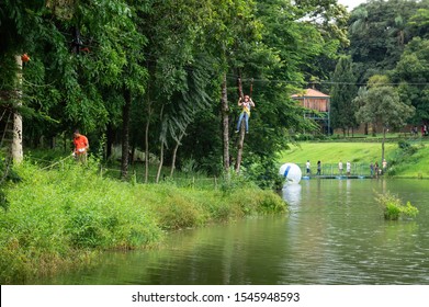 VIANOPOLIS - BETIM, MINAS GERAIS / BRAZIL - JANUARY 2, 2016: View of one of the lakes of Vale Verde - Alembic and Ecological Park while visitors do some outdoor leisure activities.
