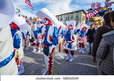 VIAREGGIO - FEB 26: satirical float and dancers for Donald Trump on the path of the Carnival of Viareggio. Taken on February 26th, 2017 in Viareggio, Italy.