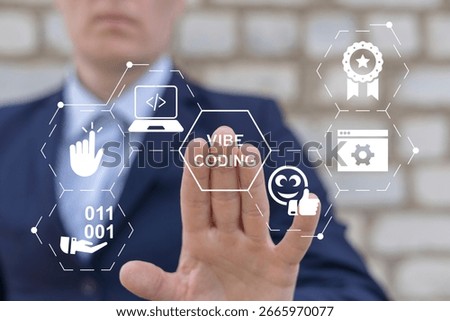 Vibe coding AI programming futuristic information technology concept. Person using virtual touch screen presses button with inscription: VIBE CODING.