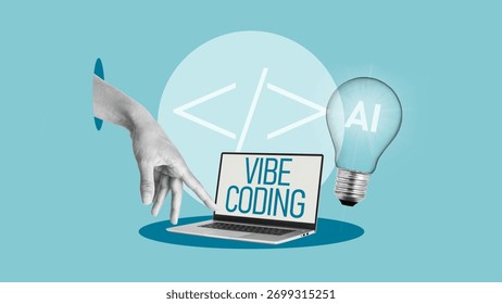 Vibe coding as AI programming and new information technology concept are shown by photo collage with photos of the hand and laptop