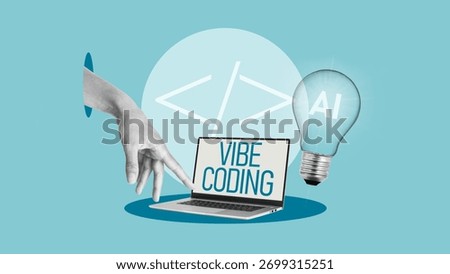 Vibe coding as AI programming and new information technology concept are shown by photo collage with photos of the hand and laptop