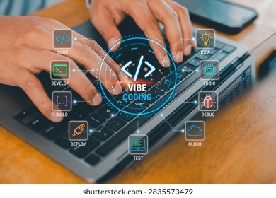 Vibe coding concept with programmer hands typing on a laptop and