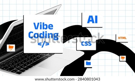 Vibe coding focuses on computer programming with elements like AI, CSS, and HTML during a digital workspace setup