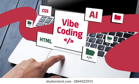 Vibe coding with a laptop showing programming languages and tools