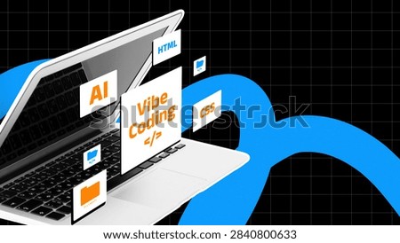 Vibe coding on a laptop with programming elements featuring AI, HTML, CSS, and more