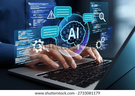 Vibe coding tool. AI assisted software development and automated error or bug detection. Programmer using AI to generate code for creating applications on laptop.