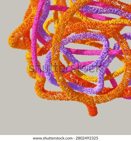 Vibrant 3D abstract structure of interwoven bead-like strands in bright pink, purple, orange, and yellow, forming swirling curved loops against a neutral gray background.