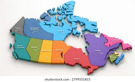 A vibrant 3D map of Canada, segmented by provinces and territories, presented on a clean white background.