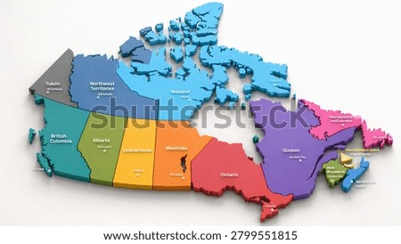 A vibrant 3D map of Canada, segmented by provinces and territories, presented on a clean white background.