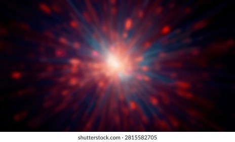 A vibrant abstract background featuring a central light source emitting rays and red bokeh particles against a dark blue and black cosmic atmosphere