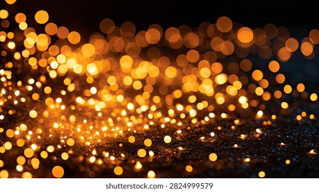 A vibrant abstract background featuring a multitude of glowing orange and yellow bokeh lights, creating a sparkling, festive, and energetic effect.
