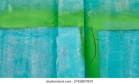 A vibrant abstract composition featuring bold blocks of green and teal paint on a textured surface, with visible brushstrokes and distressed areas, creating a dynamic background.
