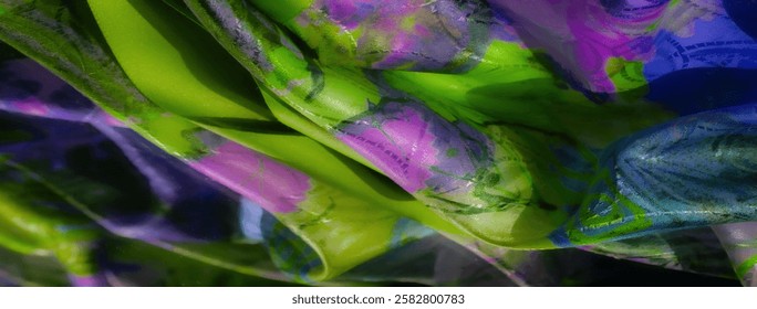 A vibrant abstract pattern with interwoven green, lavender, and blue tones. The fabric texture creates a layered effect with soft light reflections and sharp linework.
