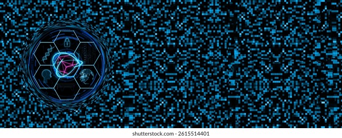 Vibrant abstract technology background featuring hexagonal patterns and glowing icons. Ideal for projects focused on digital innovation, artificial intelligence, and futuristic designs.
