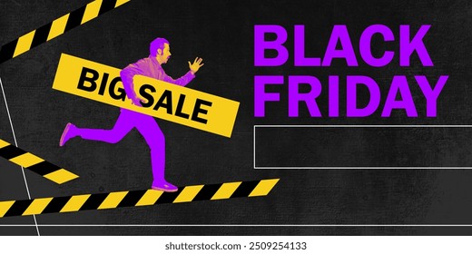 Vibrant advertisement for Black Friday, man running with sign BIG SALE, surrounded by black and yellow warning tape. Contemporary art collage. Concept of shopping, Black Friday, Cyber Monday, sales - Powered by Shutterstock